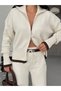 Women's Cream Striped Detail Zippered Cardigan and Pants Knitwear Set - 4
