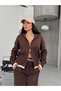 Women's Striped Detail Zippered Cardigan and Pants Knitwear Set - 2
