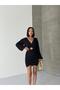 Double-Breasted Balloon Collar Asymmetrical Sleeves Hemmed Hem Gold Accessory Detailed Belt Lined Mini Dress - 6