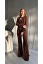 Women's Brown Crew Neck Low-Cut Blouse and Flared Pants