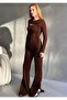 Women's Brown Crew Neck Low-Cut Blouse and Flared Pants - 3