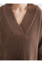 Brown V-Neck Women's Knitwear Sweater - 3