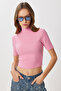 Mock Neck Crop Corded Fabric Knitted Blouse Lub0295 Pink - 2
