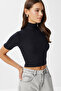 Mock Neck Crop Corded Fabric Knitted Blouse Lub0295 Black - 2