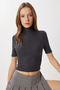 Mock Neck Crop Corded Fabric Knitted Blouse Lub0295 Anthracite - 2