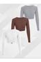 Women's 3-Pack Cotton Body-Hugging Ribbed Fabric Square Neck Long Sleeve Crop Blouse - 2