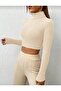 Women's Double Beige and Black F Corded Fabric Knitted Fabric Turtleneck Crop - 3