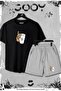 2-Piece Glass Design Slim Fit Black Tshirt - Set with Gray Shorts