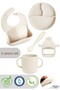 Set of 5 Silicone Bibs, Cup with Handle, Vacuum Plate, Feeding Spoon, Teether -Beige