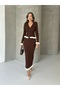 Women's Brown Ribbed Ruffle Detail Skirt Blouse Elegant Knit Set (Size S)