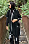 Women's Oversize Tasseled Stripe Detailed Contrast Poncho (Thin Knitwear) - 6