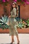 Antique Patterned Side Gathered Slit Stretchy Tulle Fabric Skirt Long Sleeve Crop Set - 3