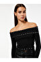 Cotton Long Sleeve Off Shoulder T-Shirt with Metal Accessories - 2