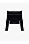 Cotton Long Sleeve Off Shoulder T-Shirt with Metal Accessories - 3