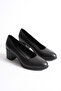 Women's Genuine Leather Thick Heeled Classic Shoes - Black