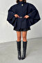 Women's Navy Blue Gold Button and Belt Detailed Cashmere Poncho Jacket - 3