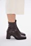 Brown Skin Stretch 8.5 cm Thick Heel Women's Zipper Boots - 3