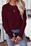 Women's Burgundy Knitwear Sweater Round Neck Long Sleeve Knitted Patterned Modern Winter - 5