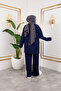 Women's Efsa Navy Blue Crew Neck Side Stripe and Bottom-Top Two-Piece Set with Trouser Pockets - 2