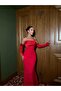 Red Satin Sleeve Detailed Stone Printed Dress - 5