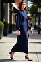 Navy Blue Women's High Neck Brit Detailed Maxi Length Aerobin Woven Plain Stylish Comfortable Dress High Quality