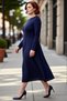Women's Navy Blue a Line Midi Straight Long Sleeve Crew Neck Stylish Casual Woven Dress Good Quality