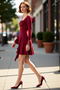 Women's Burgundy Skater Short Dress Long Sleeve Square Neckline with Stone Accessories for Stylish Evening Outfits