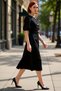 Women's Skater Midi Crew Neck Balloon Sleeve Bow Skirt Stylish Evening Cocktail Dress with Slit at Waist