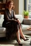 Women's Shawl Patterned Midi Chiffon Skater Dress Balloon Long Sleeve Keyhole Neckline Lined Winter - 2
