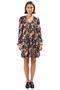Women's Multi-Colored Abstract Patterned V-Neck Balloon Sleeve Mini Pleated Dress Casual Elegance Quality Stylish - 3