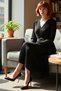 Women's Double-Breasted Collar Pleated A-Line Chiffon Maxi Dress with Lining and Belt Long Sleeves Offers Elegance - 2