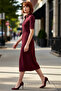 Women's a Line Cut Short Sleeve Polo Neck Belted Midi Dress Half Placket Button Interlock Woven