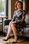 Women's Asymmetrical Cut Knitted Tulle Plaid Pattern Midi Length Long Sleeve Dress Offers Everyday Elegance - 2