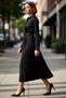 Women's Skater Fit Long Sleeve Belted Pleated Skirt Jacket Collar Crinkle Woven Midi Dress Good Quality