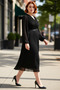 Women's Plus Size Double-Breasted Pleated Chiffon Midi Dress Stylish Design with Long Sleeves and Belt Detail