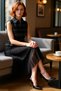 Women's Skater Midi Dress Shirt Collar Sleeveless Tweed Woven Detailed Belted Pleated Stylish Design - 2