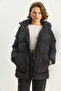 Women's Black Regular Fit Hooded Zippered Lined Pocket Puffer Coat 1400 60283685 - 3