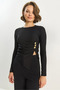 Women's Black Crew Neck Asymmetrical Cut Ribbed Blouse with Accessory Detail 2279 60283703 - 5
