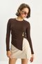 Women's Brown Crew Neck Asymmetrical Cut Ribbed Blouse with Accessory Detail 2279 60283703 - 2