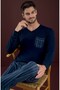 Men's Navy Blue V-Neck Buttonless Chest Pocket Thermal Winter Long Sleeve Pajama Set with Ankle Cuffs and Pockets - 5