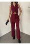 Women's Burgundy Striped Pleated Full-Fit Wide Leg Pants with Tucked Waist Palazzo Pants - 3