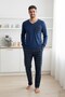 Men's Navy Blue V-Neck Buttonless Chest Pocket Thermal Winter Long Sleeve Pajama Set with Ankle Cuffs and Pockets - 4