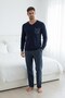 Men's Navy Blue V-Neck Buttonless Chest Pocket Thermal Winter Long Sleeve Pajama Set with Ankle Cuffs and Pockets - 6