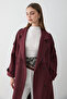 Women's Burgundy Double-Breasted Collar Belted Long Trench Coat - 3