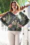 Italian Dark Green V-Neck Batwing Sleeve Digital B Printed Casual Knitwear Blouse 65 70