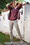 Italian Burgundy Judge Collar Buttoned Long Sleeve Sequin Pocketed B Printed Back Long Woven Blouse 70 63 - 6