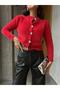 Women's Red Soft Textured Cardigan with Stone Button Detail 5559 - 5