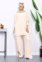 Beige Corded Fabric Yumoş Tunic Trouser Knitwear Set