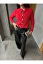 Women's Red Soft Textured Cardigan with Stone Button Detail 5559 - 7