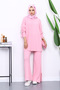 Pink Corded Fabric Yumoş Tunic Knitwear Set with Trousers - 2